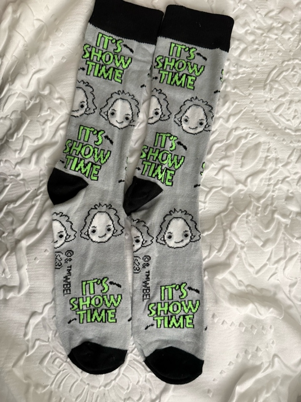 Gray "It's Show Time" Novelty Socks with Neon Green Text